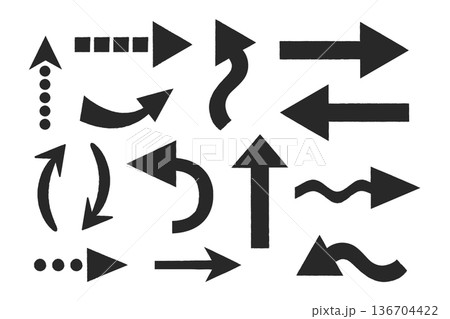 Collection of black arrows with a torn edge. Arrows with different shapes and directions, dotted arrows. Vector illustration 136704422