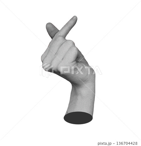 Halftone female hand making giving heart gesture. Realistic vector hand showing heart isolated on white background. Giving love gesture Halftone female hand making giving heart gesture. Realistic vector hand showing heart isolated on white background. Giving love gesture 136704428