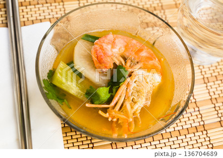 Thai soup with seafood and vegetables Thai soup with seafood and vegetables 136704689