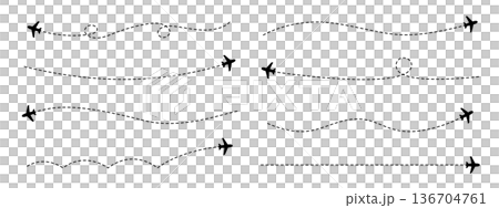 飛行経路のイラストセット。飛行機のシルエットアイコンと破線で表現された航路。 136704761