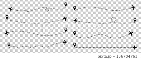 Flight path illustration set. Airplane silhouette icon and dashed line route and destination pins. 136704763