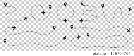 飛行路線示意圖集。包括飛機輪廓圖示、虛線路線和目的地標記。 136704764