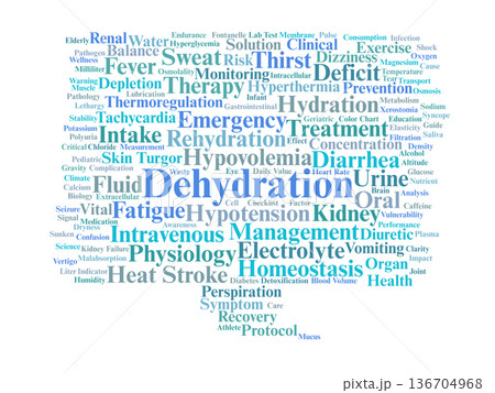 Dehydration Word Cloud. Key Terms in Fluid Dynamics and Clinical Hydration 136704968