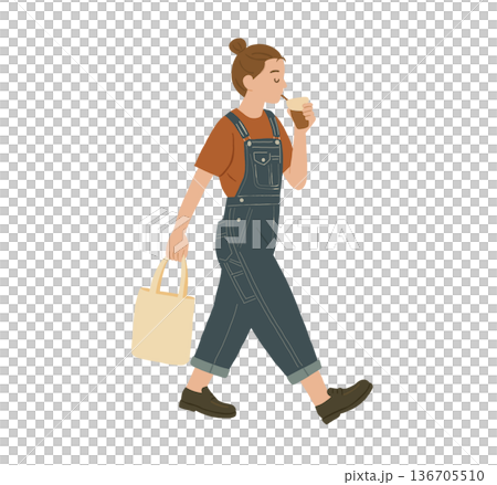 A woman walks with a coffee and a handbag in her hand. A woman walks with a coffee and a handbag in her hand. 136705510