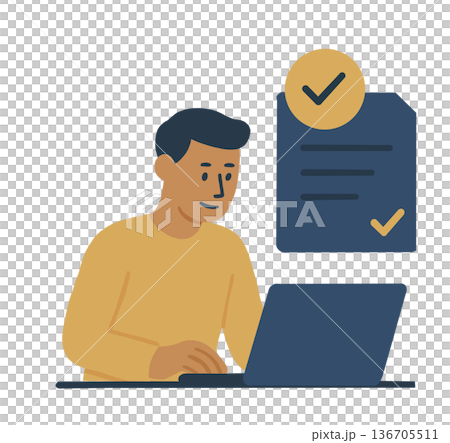 The man is using a laptop and working with a list in his hand. 136705511