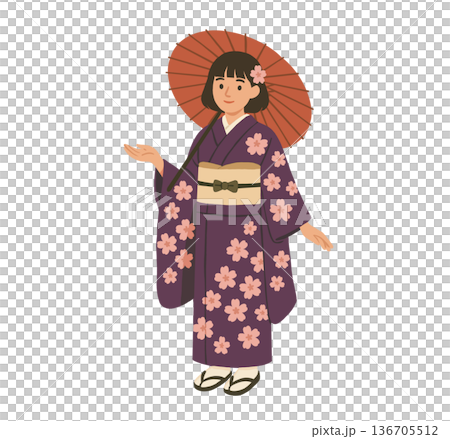 A woman in a traditional Japanese kimono holding an umbrella 136705512