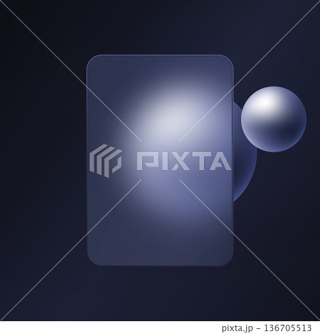 Dark glass morphism card with metallic sphere on deep blue gradient background 136705513