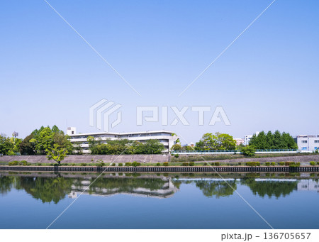 川面に映る学校と新緑の景色 136705657