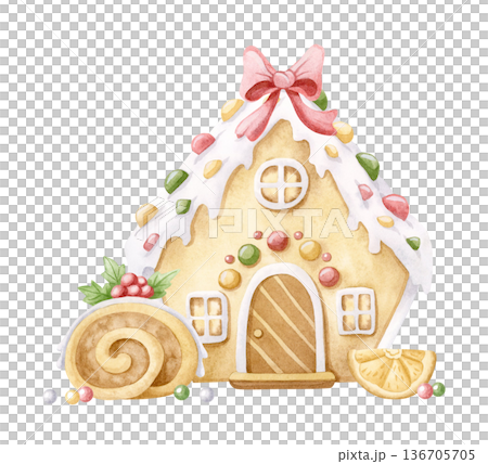 Christmas desserts watercolor hand drawn illustration isolated on white. Gingerbread house, decorated Yule log cake and dried orange for New Year's stickers and printing. Festive holiday clip art Christmas desserts watercolor hand drawn illustration isolated on white. Gingerbread house, decorated Yule log cake and dried orange for New Year's stickers and printing. Festive holiday clip art 136705705