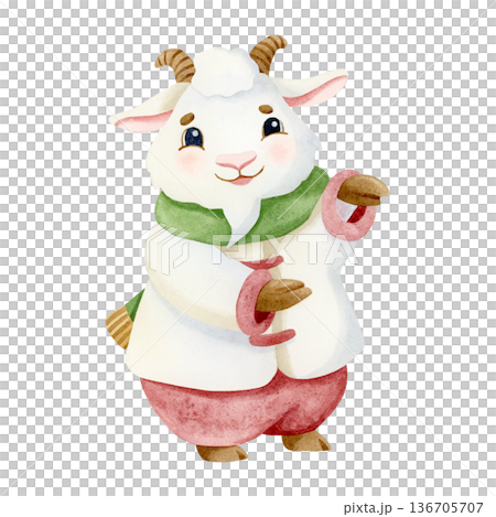 Watercolor white goat in winter coat and scarf illustration in traditional Christmas colors. Cute smiling character for Happy New Year greeting clip art. Chinese zodiac calendar symbol of 2027 Watercolor white goat in winter coat and scarf illustration in traditional Christmas colors. Cute smiling character for Happy New Year greeting clip art. Chinese zodiac calendar symbol of 2027 136705707