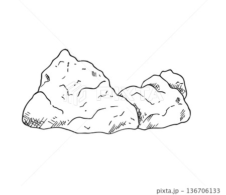 Vector stone or rock. Hand painted linear illustration. Graphic monochrome sketch isolated on background. For designers, prints, logo, icon, menu, postcards, holiday, covers Vector stone or rock. Hand painted linear illustration. Graphic monochrome sketch isolated on background. For designers, prints, logo, icon, menu, postcards, holiday, covers 136706133