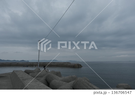 曇り空が広がる港の防波堤で釣りをする人 136706547