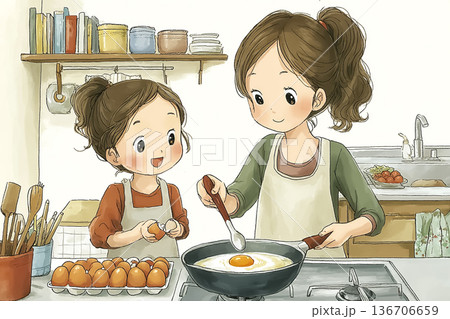 母娘でフライパン料理に挑戦する小学生｜卵を割る体験・家庭で学ぶ食育イラスト 136706659