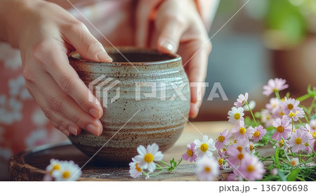 和の趣を感じる陶器に花を添える女性の手元 丁寧な暮らしのイメージ 136706698