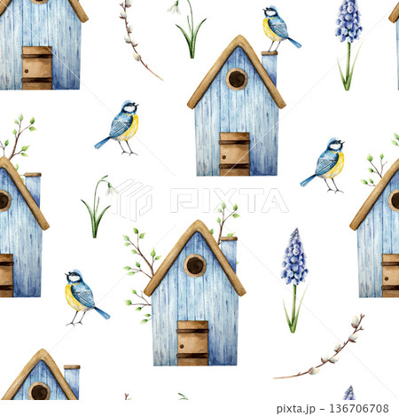 Seamless pattern with cute birdhouse, snowdrop, muscari flowers, branch with leaves and blue tit perche. Watercolor titmouse, easter hand drawn illustration isolated on background, transparent png Seamless pattern with cute birdhouse, snowdrop, muscari flowers, branch with leaves and blue tit perche. Watercolor titmouse, easter hand drawn illustration isolated on background, transparent png 136706708