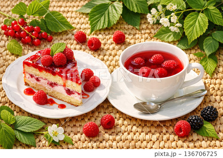 Summer dessert still life with fresh raspberries, berry tart, and fruit tea 136706725