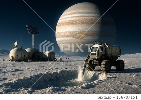 木星の衛星であるエウロパにある、氷の資源の採掘基地のイメージ 136707151