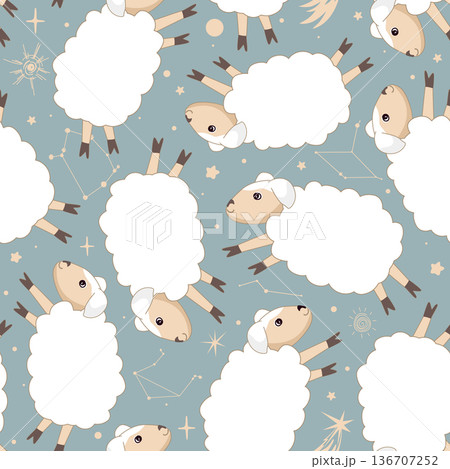 Cute sheep in the night sky seamless pattern. White lambs, constellations, planets, and stars nursery background. Design for prints, fabric, textile, wallpaper, wrapping paper. Vector illustration 136707252