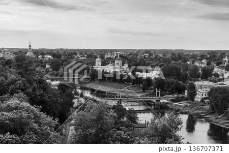Black and white river scene with city skyline, Torzhok 136707371
