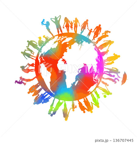 Abstract colorful world and happy people. Silhouettes of people around the globe. hand drawn. Not AI, Vector illustration 136707445