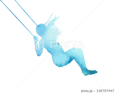 Silhouette of a blue watercolor girl riding a swing. vector illustration. hand drawn. Not AI. Silhouette of a blue watercolor girl riding a swing. vector illustration. hand drawn. Not AI. 136707447