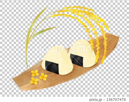 竹の皮にのったおにぎりと稲穂・菜の花の水彩イラスト 春の行楽 136707478
