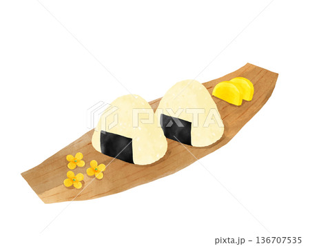 竹の皮にのったおむすびとたくわん・菜の花の水彩イラスト 春の行楽弁当 136707535