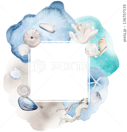 Hand drawn watercolor square frame with seashells on turquoise blue and beige spots, copy space 136707539