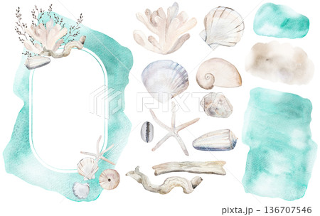Hand drawn watercolor diamond frame setwith seashells , copy space.  Coastal wedding stationery 136707546
