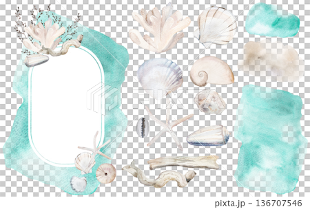 Hand drawn watercolor diamond frame setwith seashells , copy space.  Coastal wedding stationery 136707546