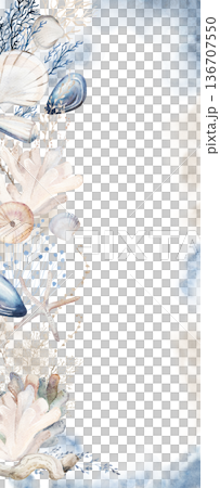 Frame with beige, blue and grey watercolor seashells, illustration for coastal beach wedding 136707550