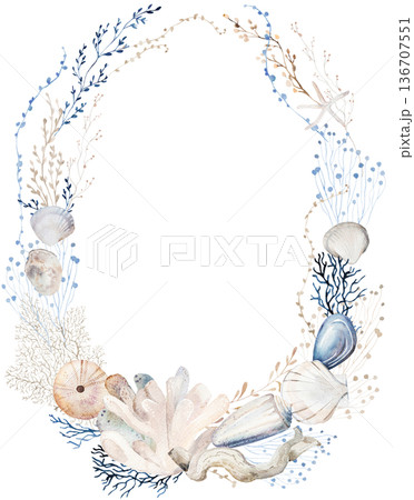 Wreath with beige, blue and grey watercolor seashells, isolated illustration for coastal beach wedding Wreath with beige, blue and grey watercolor seashells, isolated illustration for coastal beach wedding 136707551