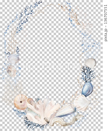 Wreath with beige, blue and grey watercolor seashells, isolated illustration for coastal beach wedding Wreath with beige, blue and grey watercolor seashells, isolated illustration for coastal beach wedding 136707551