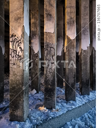 Concrete pillars reinforcing the promenade's coastline are covered in graffiti 136707665