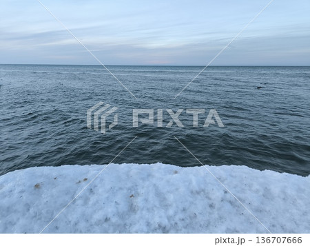 Edge of ice, the surface of the water, and the sky on the horizon in the Baltic Sea 136707666