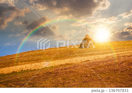 rural landscape in mountains at sunset. agriculture nature in early spring in evening light. cone haystack on green hill. scenic countryside. storytelling cinematic image under the rainbow 136707831