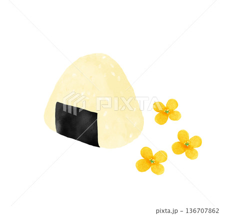 おにぎりと菜の花の水彩イラスト 春のワンポイント素材 136707862
