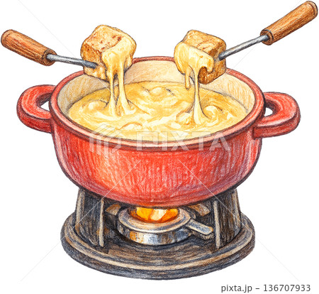 Hand drawn colored pencil Swiss cheese fondue illustration, transparent background 136707933