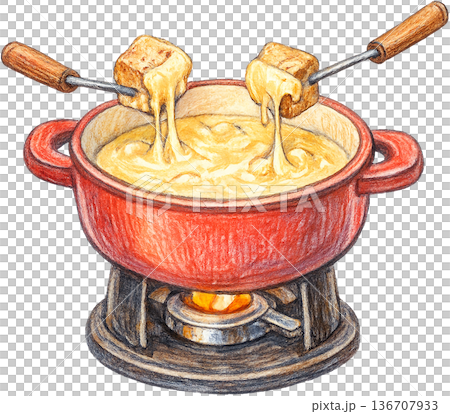 Hand drawn colored pencil Swiss cheese fondue illustration, transparent background 136707933