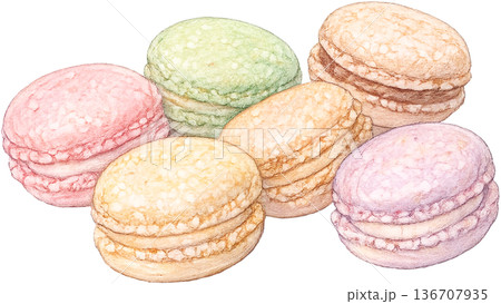 Hand drawn colored pencil Luxemburgerli macaron illustration, Swiss dessert, transparent background 136707935