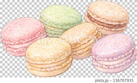 Hand drawn colored pencil Luxemburgerli macaron illustration, Swiss dessert, transparent background 136707935
