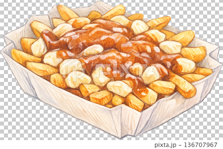 Hand drawn colored pencil poutine illustration, Canadian food, transparent background 136707967