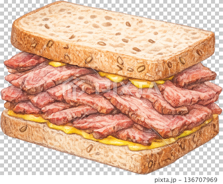 Hand drawn colored pencil Montreal smoked meat illustration, Canadian food, transparent background 136707969