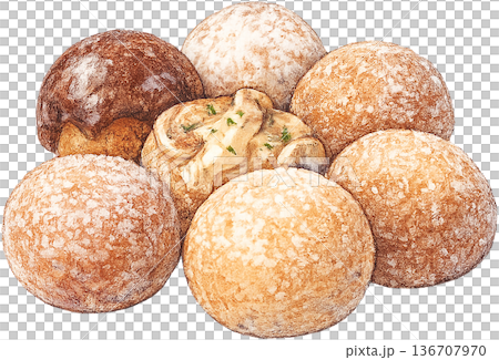 Hand drawn colored pencil Timbits donut holes illustration, Canadian dessert, transparent background 136707970