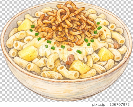 Hand drawn colored pencil Alplermagronen illustration, Swiss food, transparent background 136707972