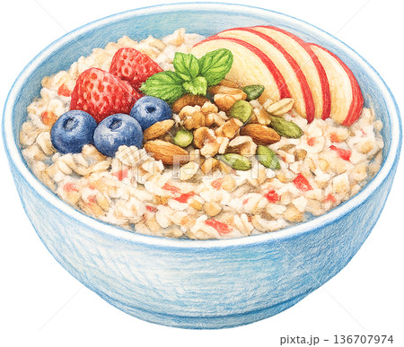 Hand drawn colored pencil bircher muesli bowl illustration, Swiss breakfast, transparent background 136707974