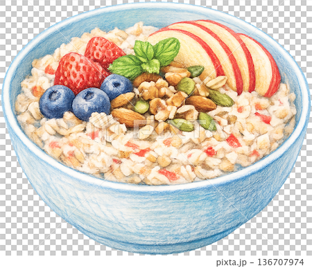 Hand drawn colored pencil bircher muesli bowl illustration, Swiss breakfast, transparent background 136707974