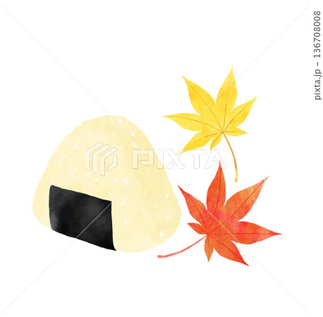 おにぎりと紅葉(もみじ)の水彩イラスト 秋の行楽・新米 おにぎりと紅葉(もみじ)の水彩イラスト 秋の行楽・新米 136708008