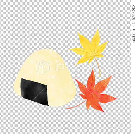 水彩插畫，描繪了飯糰和秋葉，以及秋日郊遊和新米。 136708008