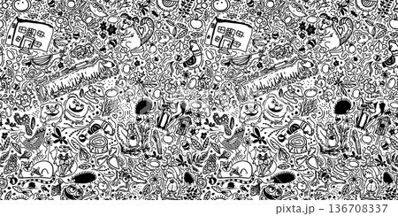 Seamless pattern of cute line animals. hand drawing. Not AI, Vector illustration 136708337